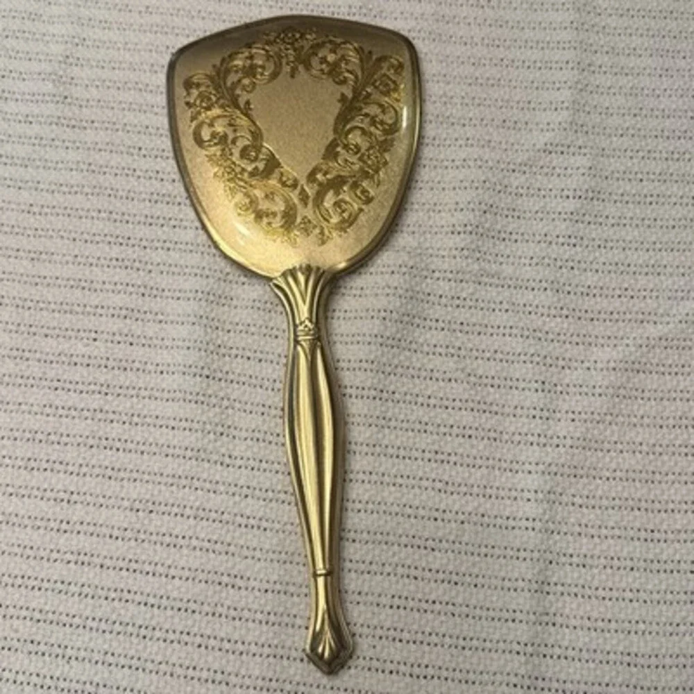Fancy Vintage 24K Gold Plated Vanity Dresser Set-Hand Mirror-Brush-Combo 19”